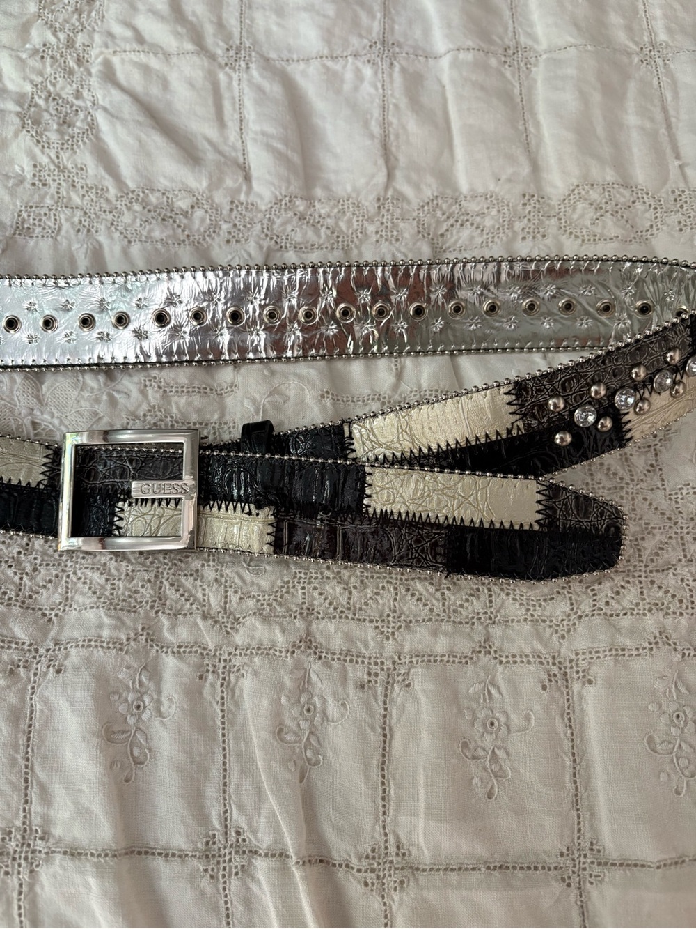 Vintage Y2K GUESS Metallic Silver and Black Patchwork Women's Belt XL